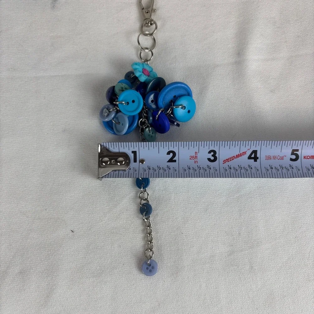 Handmade Blue Button Bag Charm Keychain Boho Eclectic Accessory Turquoise 7.5